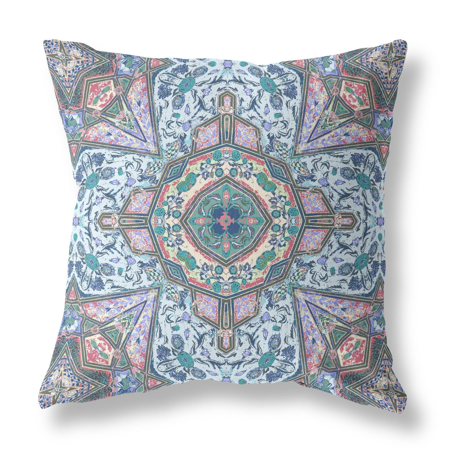 16" X 16" Blue And Pink Blown Seam Geometric Indoor Outdoor Throw Pillow Cover & Insert