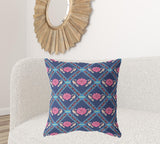 18" X 18" Indigo And Pink Blown Seam Geometric Indoor Outdoor Throw Pillow