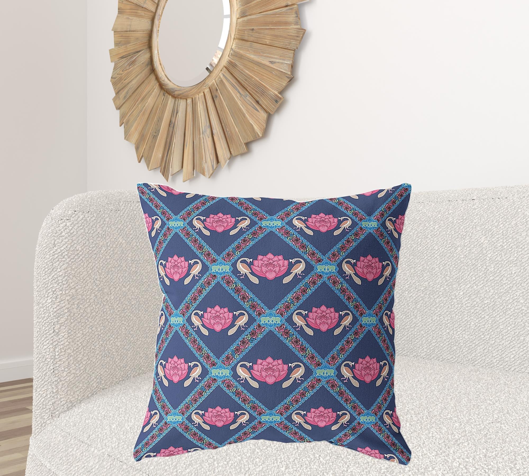 18" X 18" Indigo And Pink Blown Seam Geometric Indoor Outdoor Throw Pillow