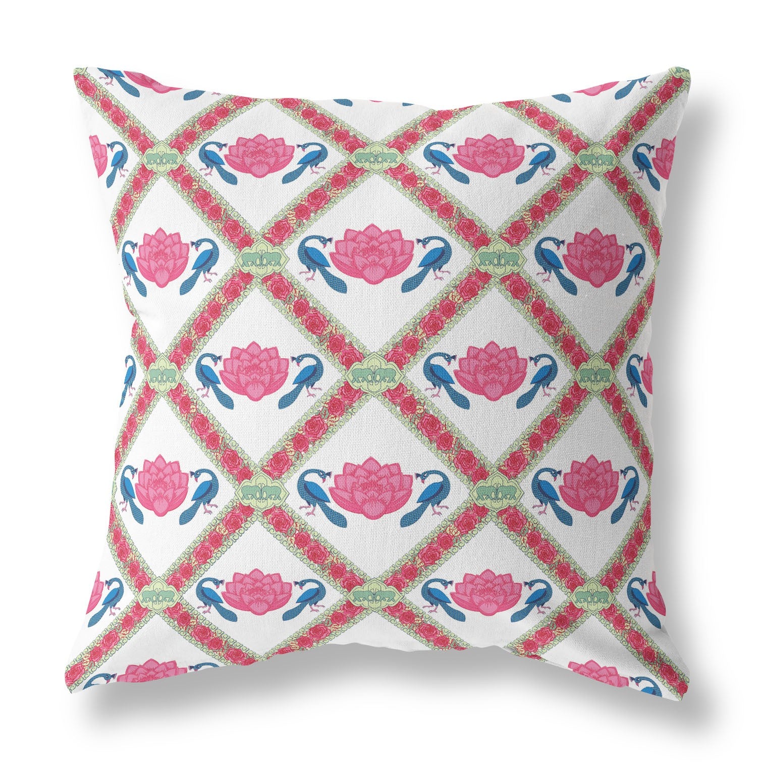 16" X 16" Pink And White Blown Seam Geometric Indoor Outdoor Throw Pillow