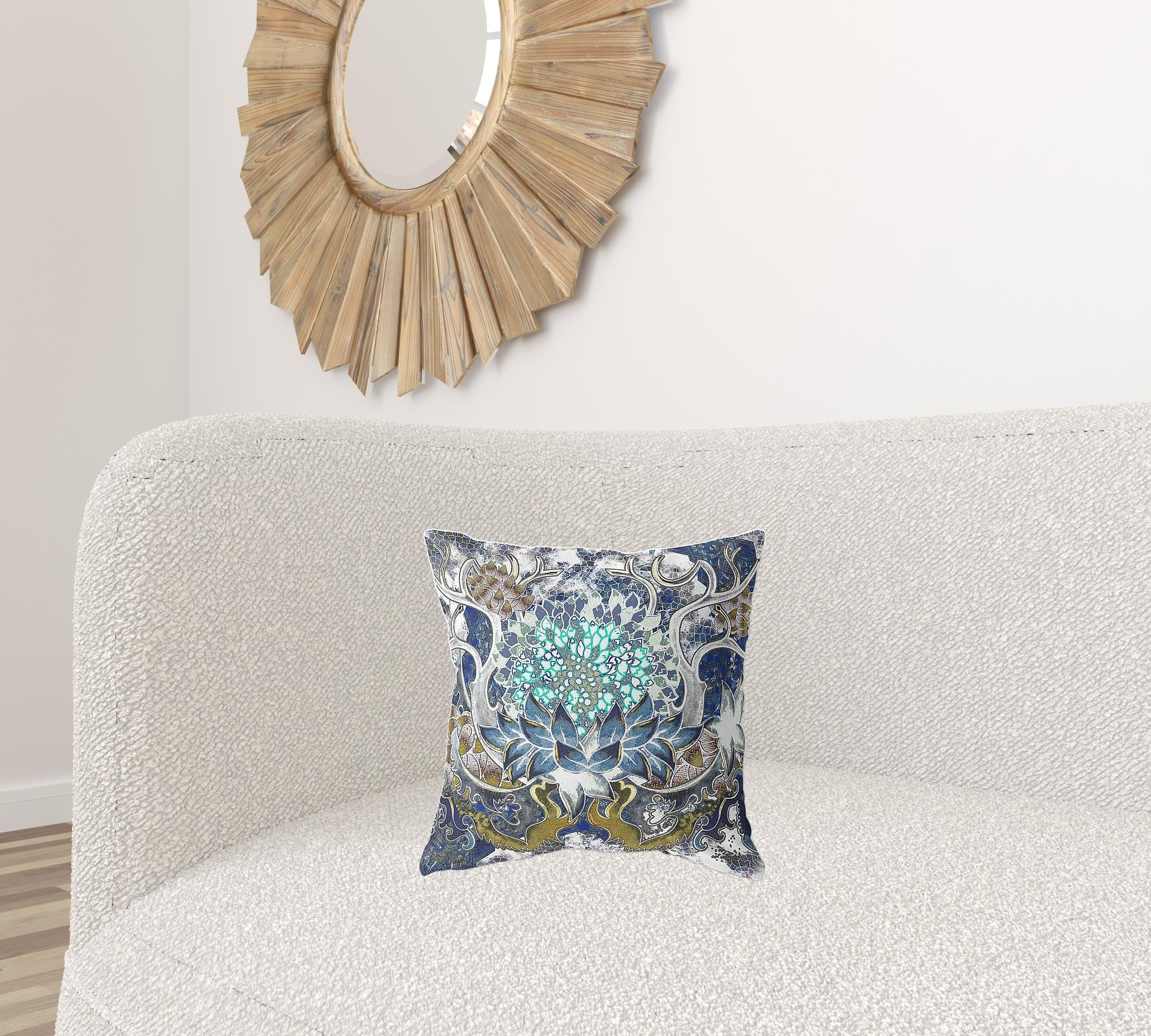 16" X 16" Blue And Green Blown Seam Geometric Indoor Outdoor Throw Pillow