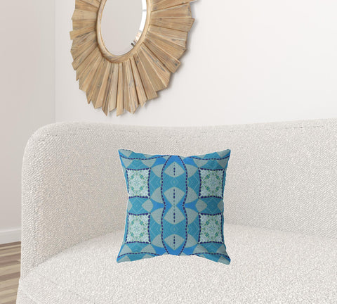 18" X 18" Aqua Blue Blown Seam Geometric Indoor Outdoor Throw Pillow