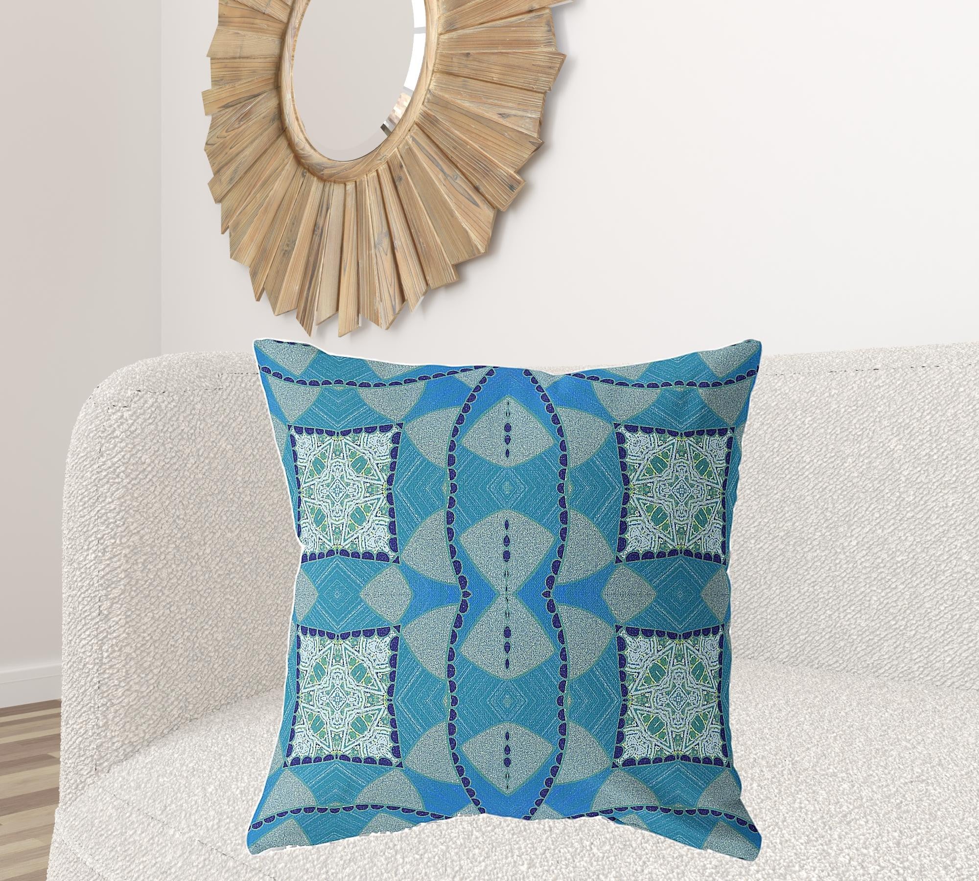 18" X 18" Aqua Blue Blown Seam Geometric Indoor Outdoor Throw Pillow