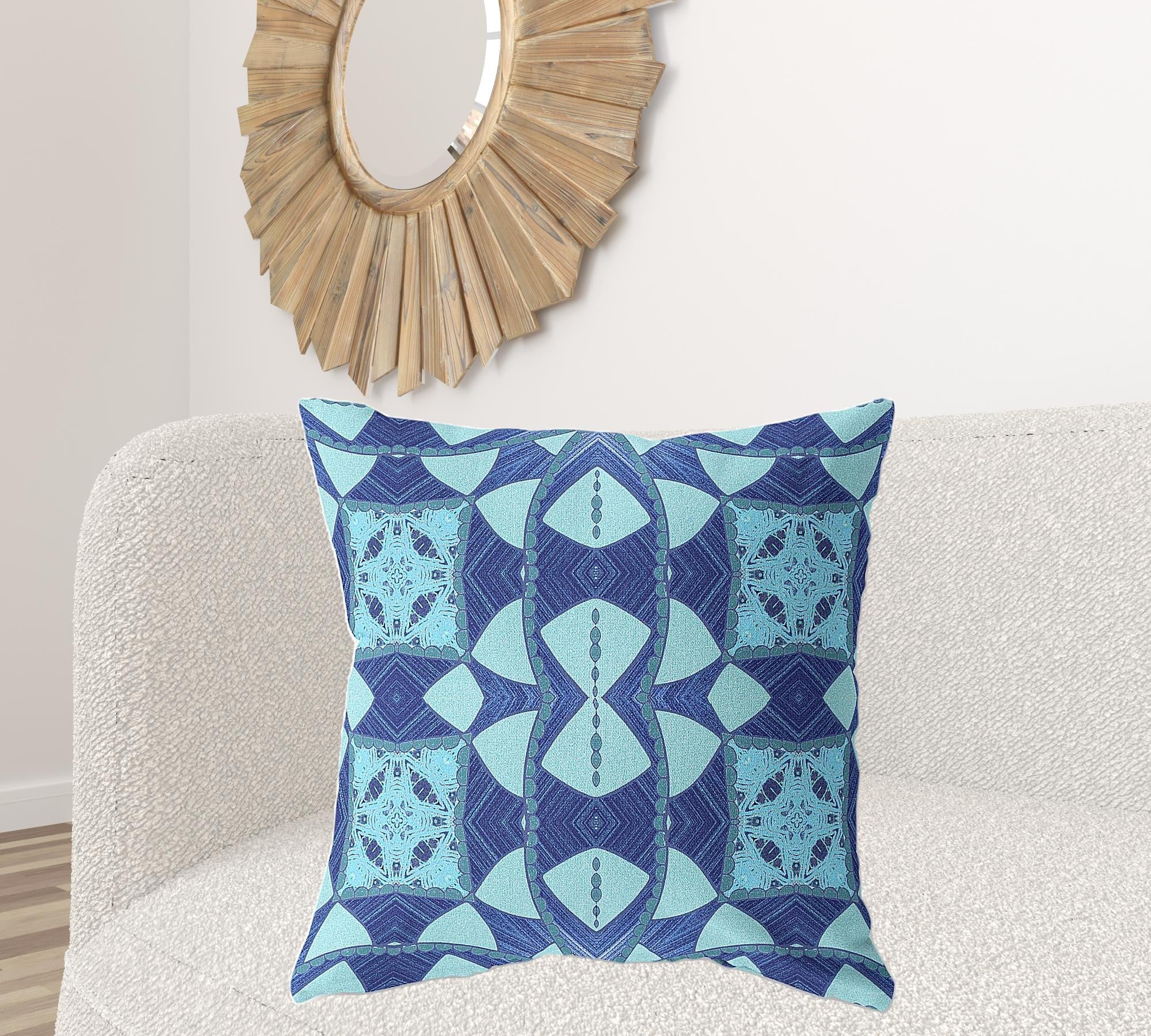 18" X 18" Blue Blown Seam Geometric Indoor Outdoor Throw Pillow