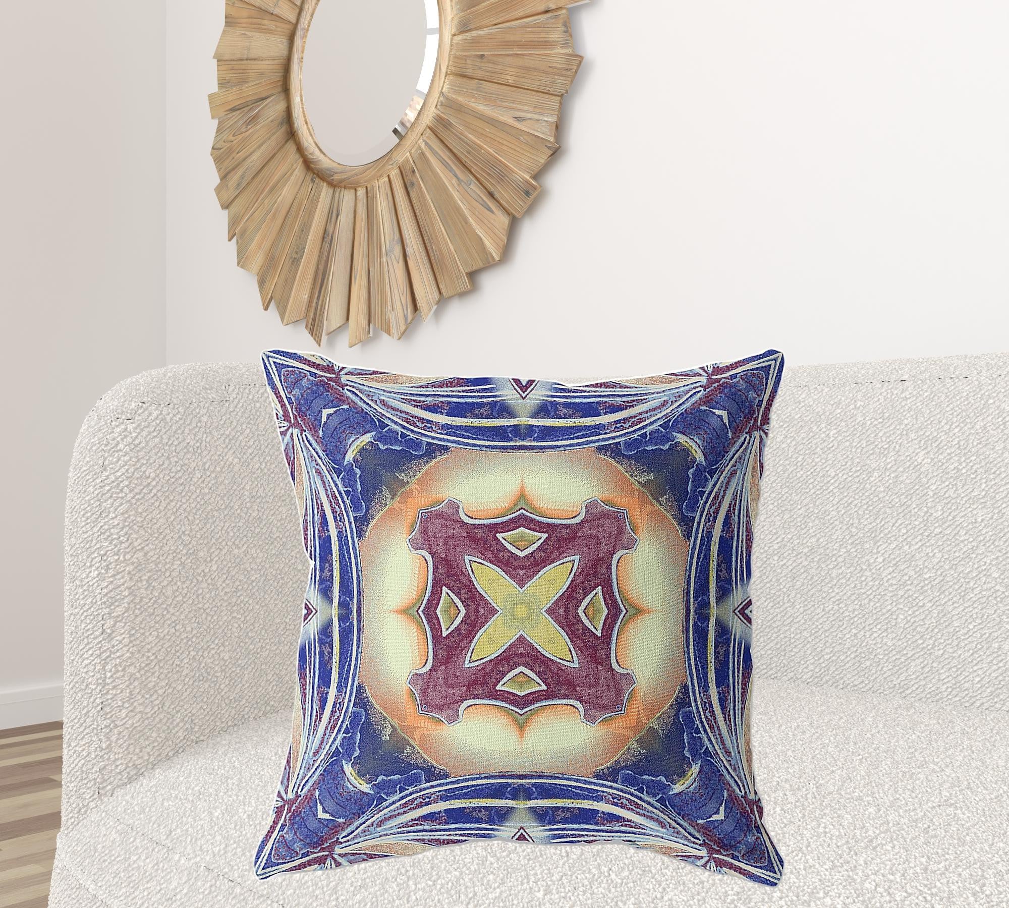 18" X 18" Blue And Cream Blown Seam Geometric Indoor Outdoor Throw Pillow