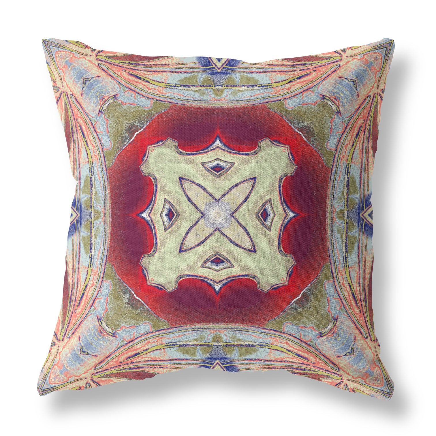 18" X 18" Grey And Red Blown Seam Geometric Indoor Outdoor Throw Pillow