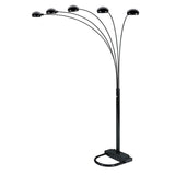 84" Black Five Light Arc Floor Lamp With Black Dome Shade