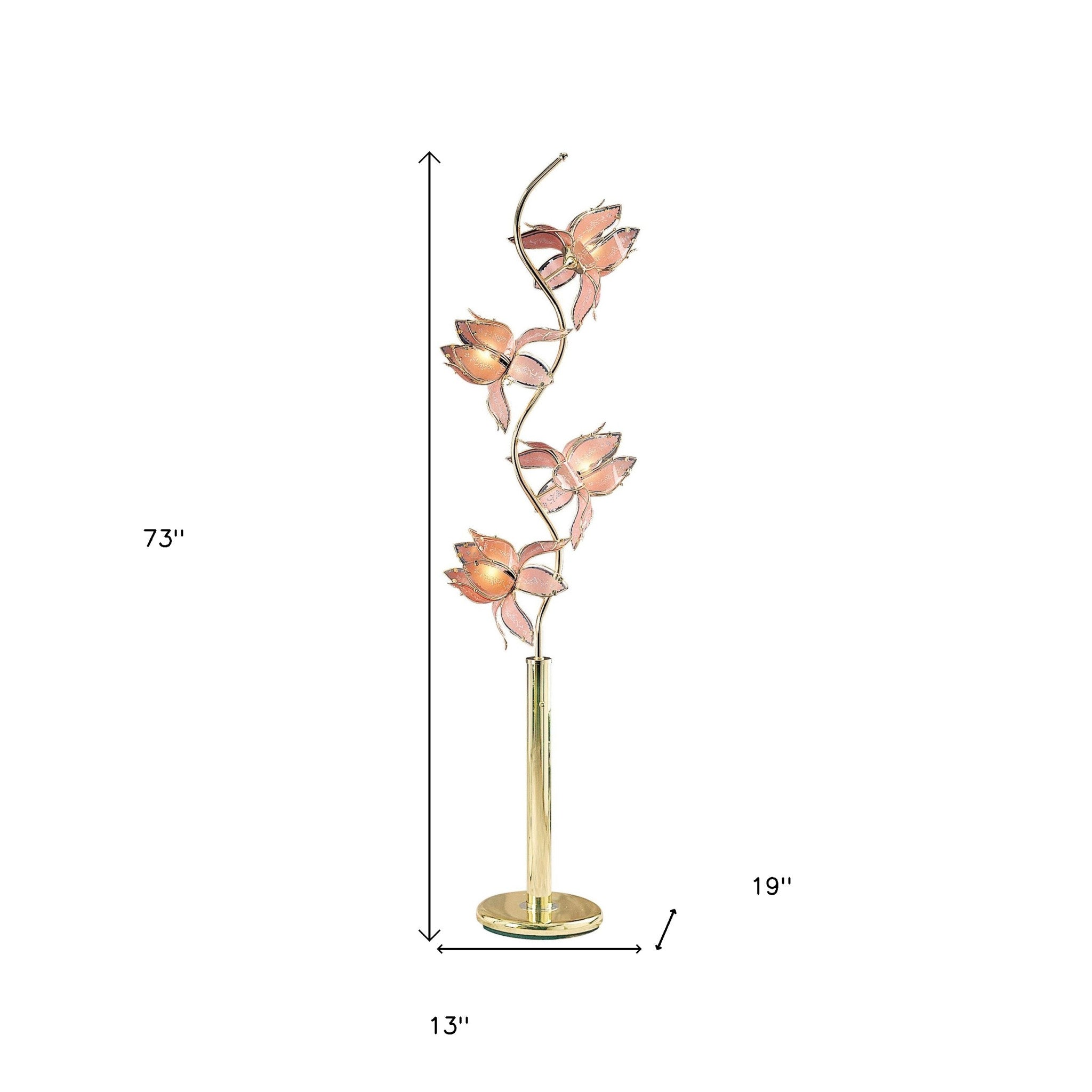 73" Gold Four Light Floral Floor Lamp With Pink Glass Shades