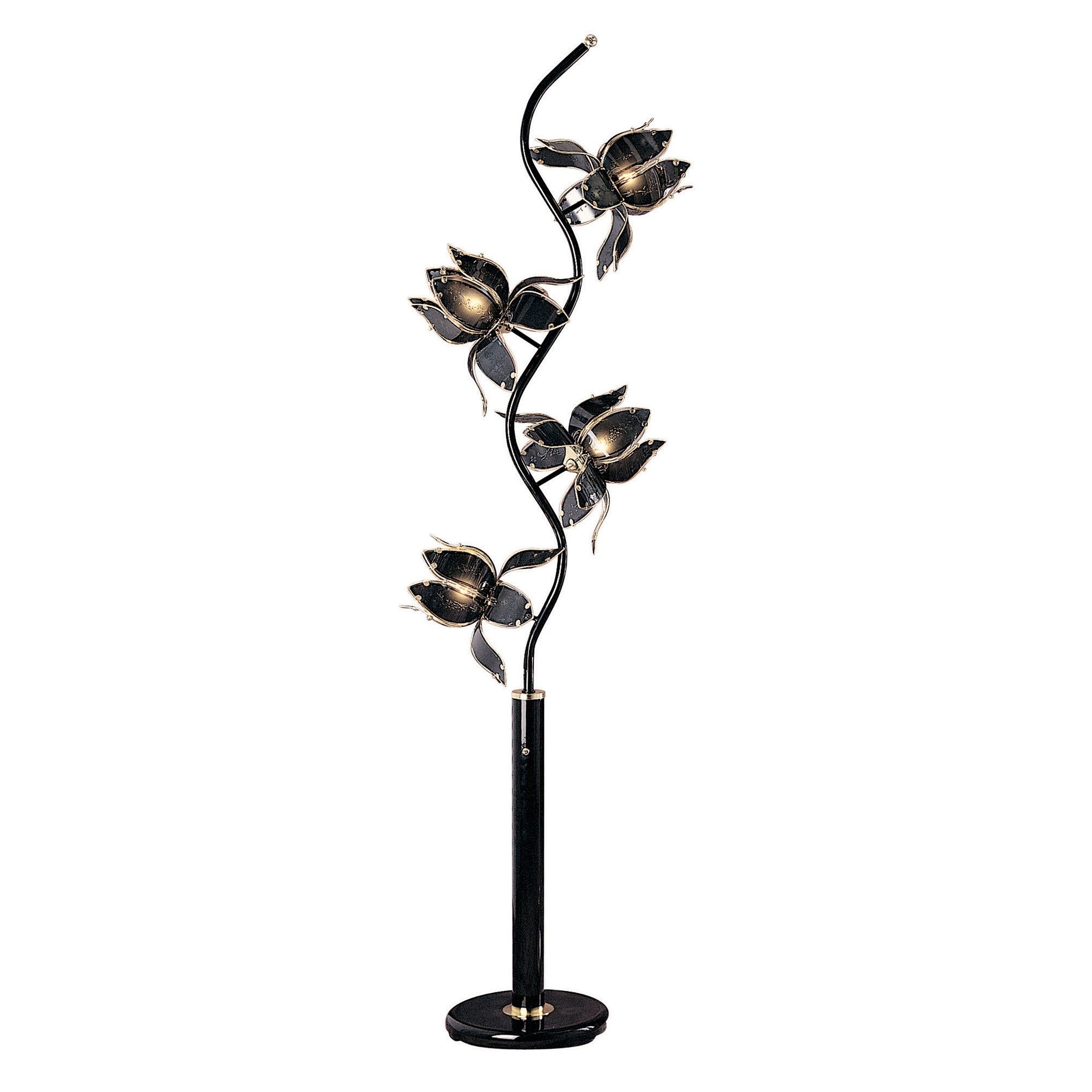 73" Black Four Light Floral Floor Lamp With Black and Gold Glass Shades