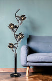73" Black Four Light Floral Floor Lamp With Black and Gold Glass Shades