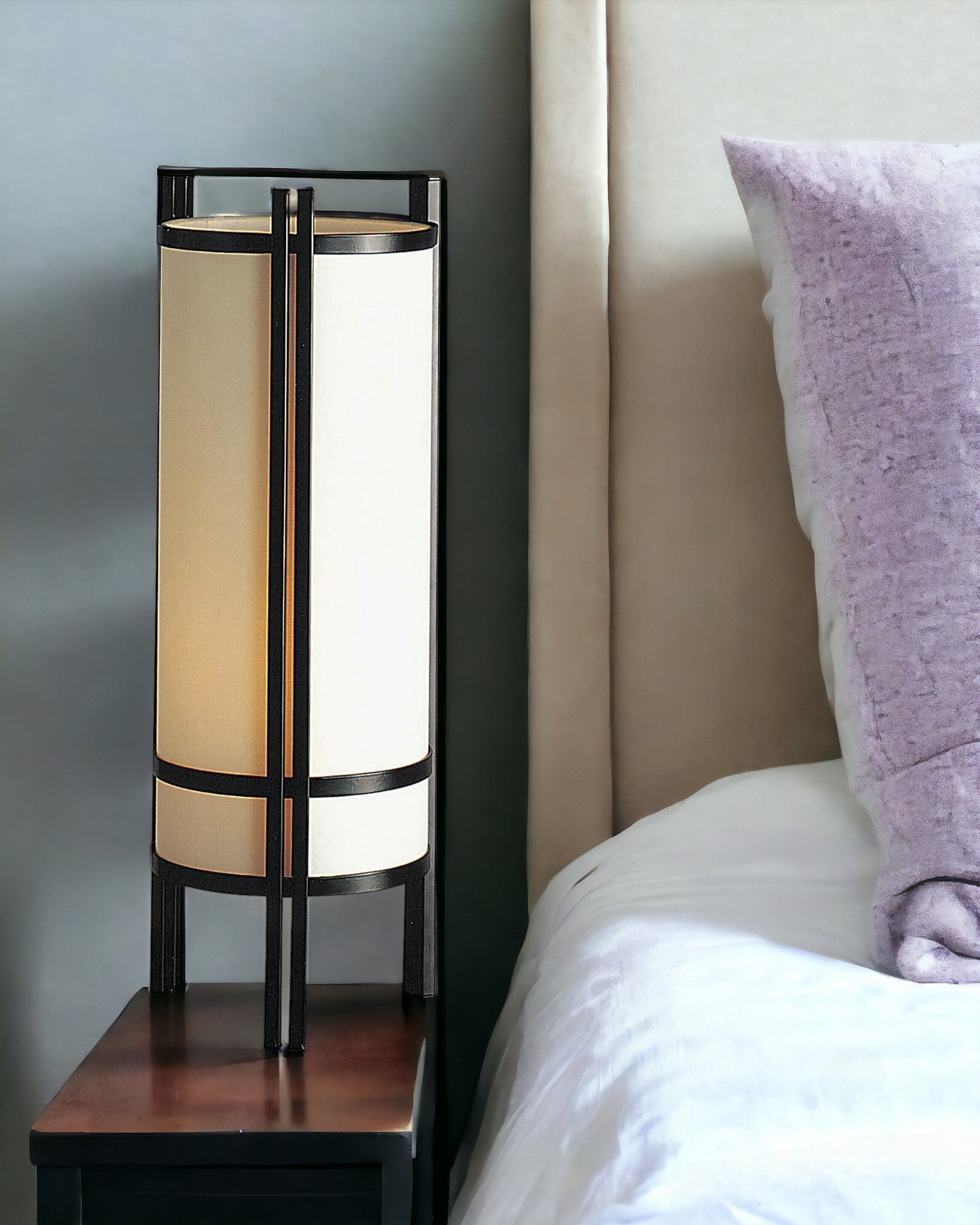 24" Black and Off White Cylinder Bedside Table Lamp