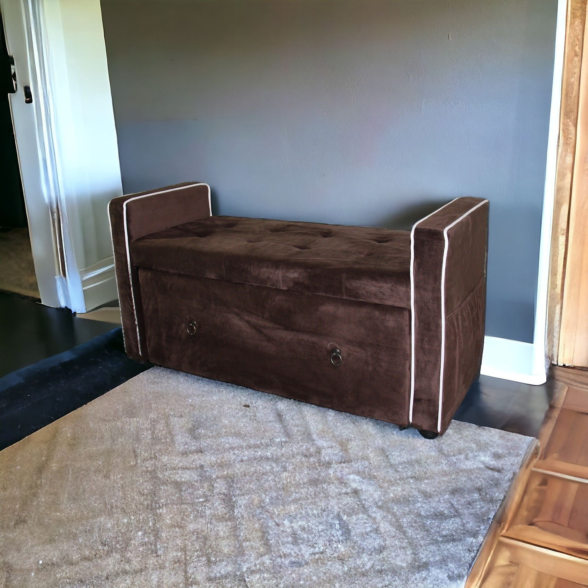Brown Suede Shoe Storage Bench with Drawer