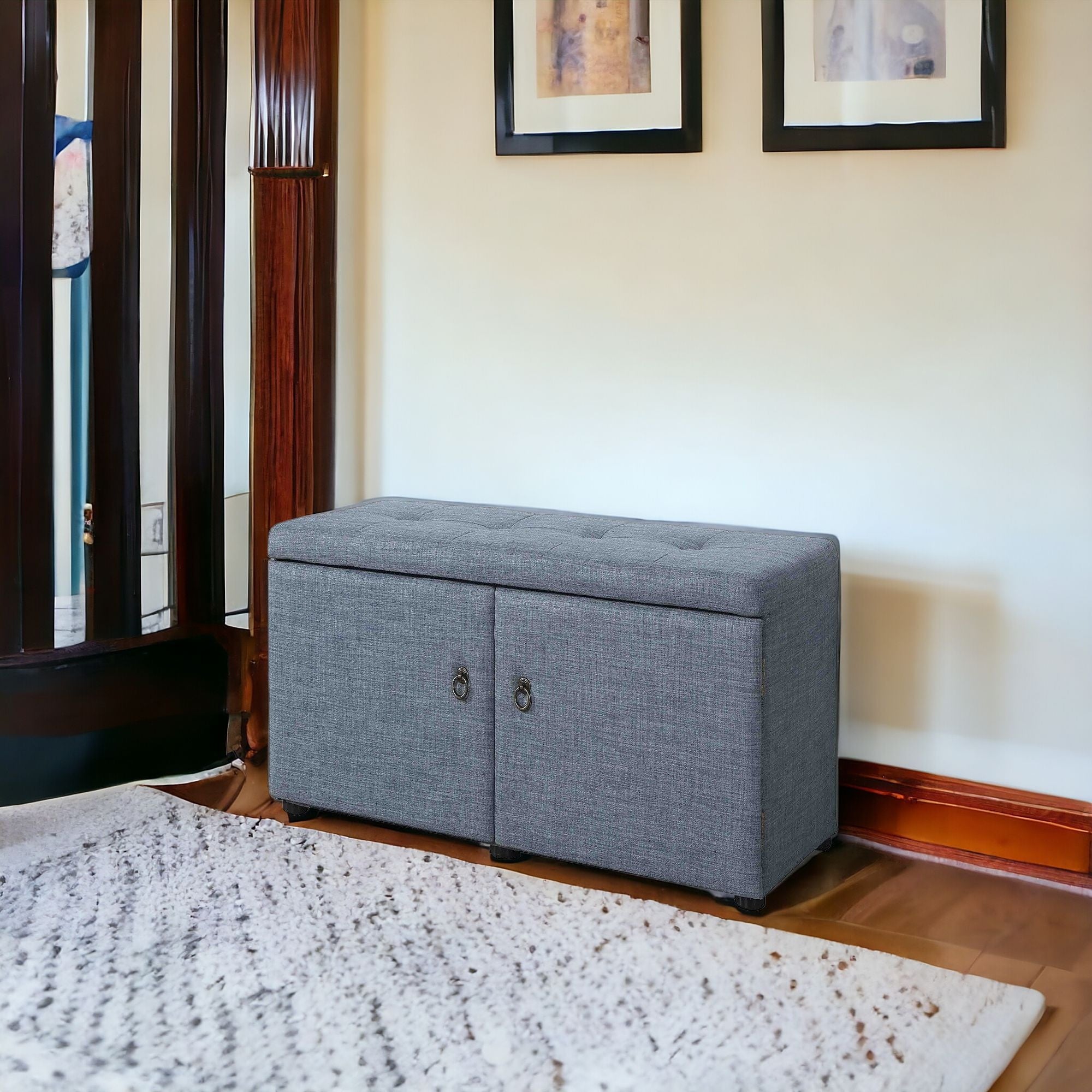 Blue Gray Linen Look Double Door Shoe Storage Bench