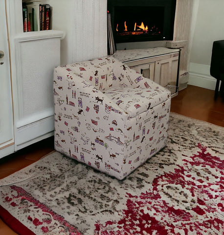 21" Modern Beige Whimsical Cats in London Cubed Accent Storage Chair