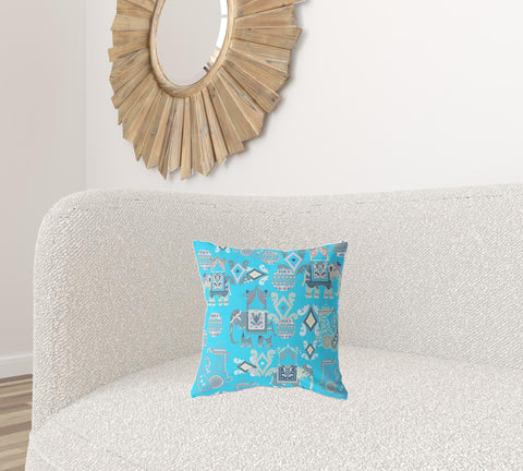 16" X 16" Bright Blue And Gray Broadcloth Floral Throw Pillow