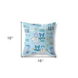 16" X 16" Sky Blue And White Broadcloth Floral Throw Pillow