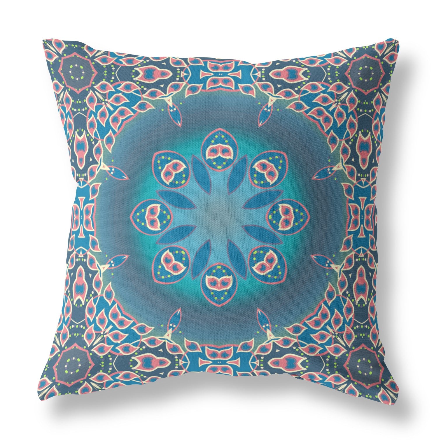 16" X 16" Blue And Pink Broadcloth Floral Throw Pillow