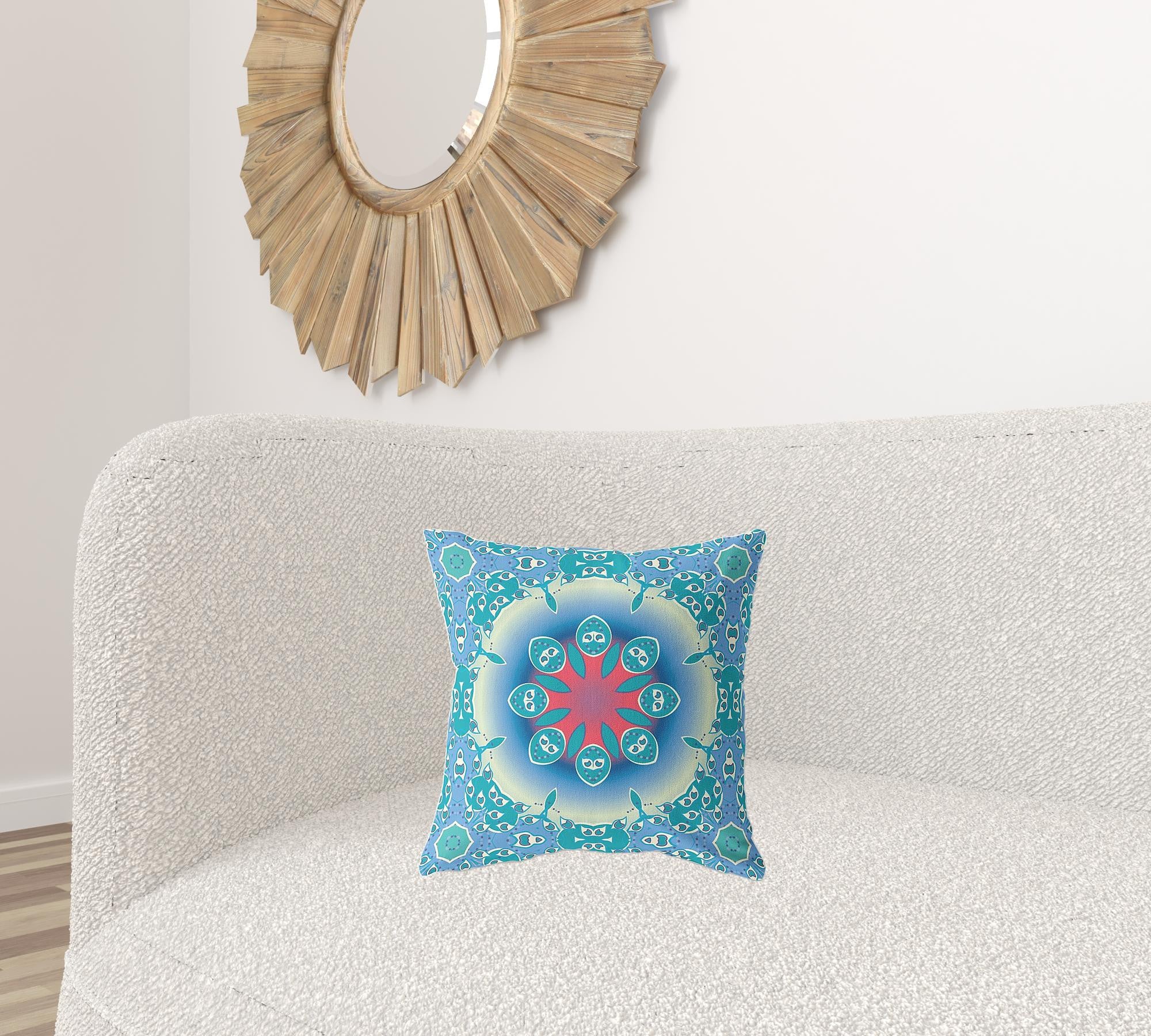 16" X 16" Blue And Red Broadcloth Floral Throw Pillow