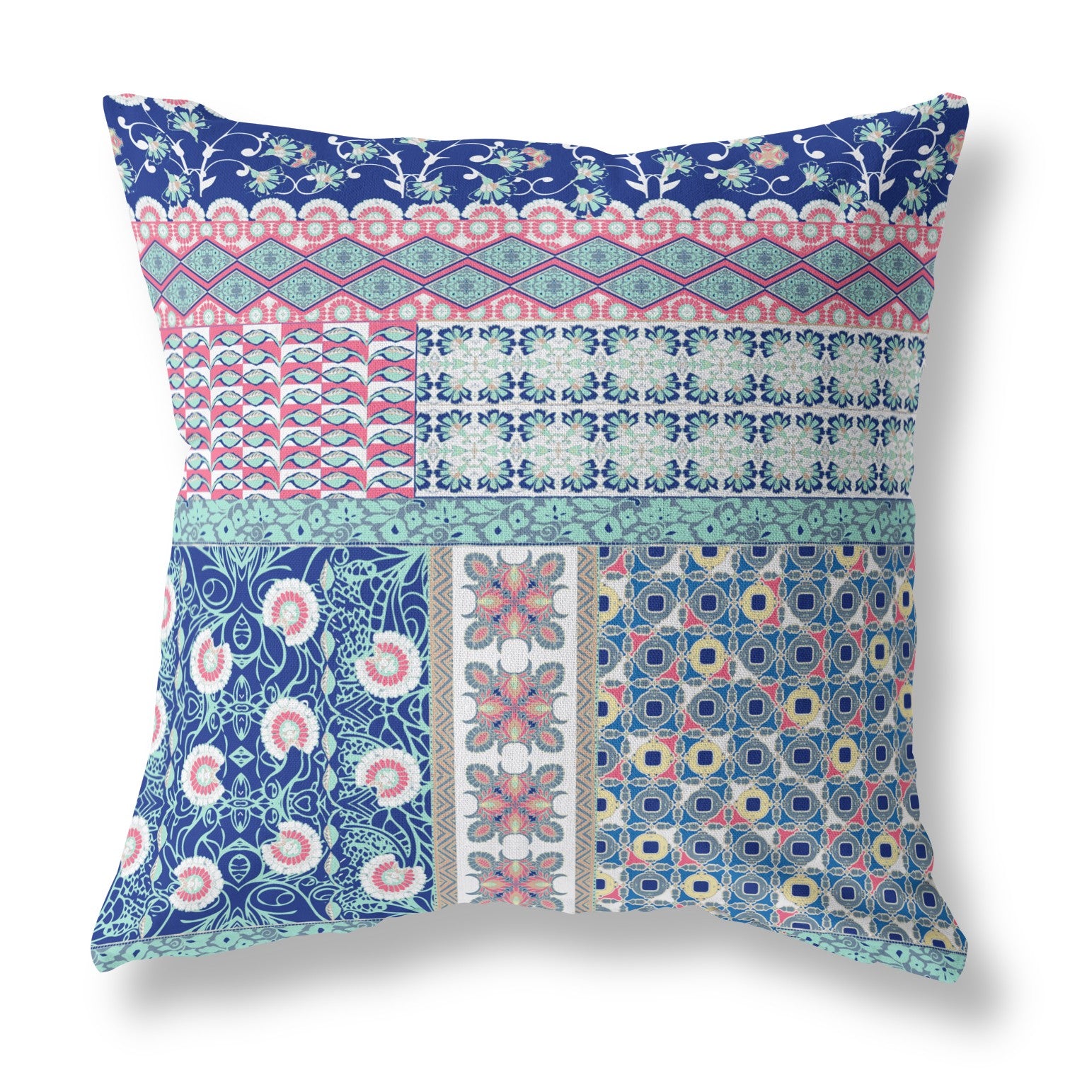 16" X 16" Blue And Pink Zippered Patchwork Indoor Outdoor Throw Pillow Cover & Insert