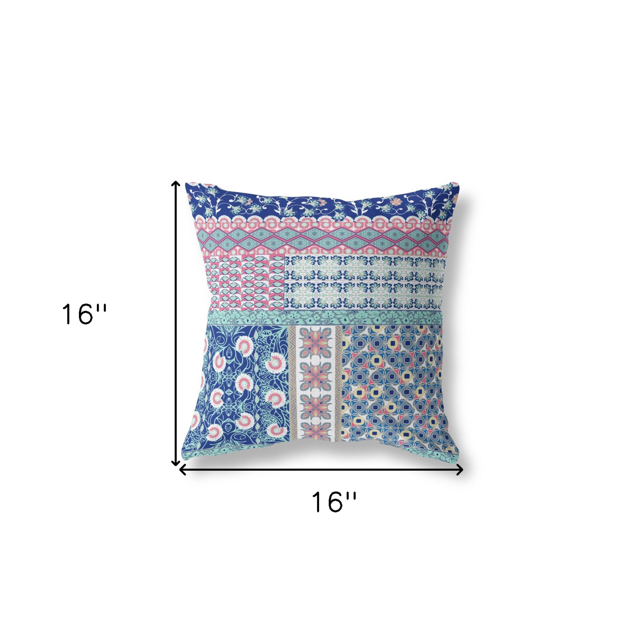 16" X 16" Blue And Pink Zippered Patchwork Indoor Outdoor Throw Pillow Cover & Insert