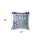 16" X 16" Blue And Pink Zippered Patchwork Indoor Outdoor Throw Pillow Cover & Insert