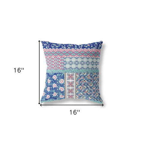 16" X 16" Blue And Pink Zippered Patchwork Indoor Outdoor Throw Pillow Cover & Insert