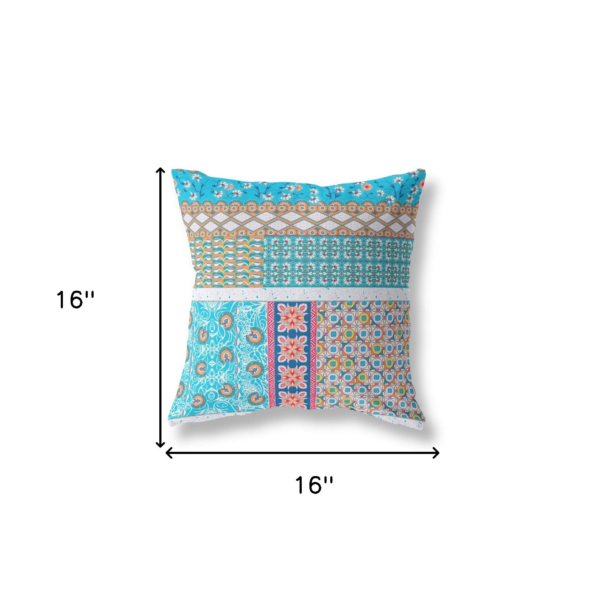 16" X 16" Turquoise Zippered Patchwork Indoor Outdoor Throw Pillow Cover & Insert