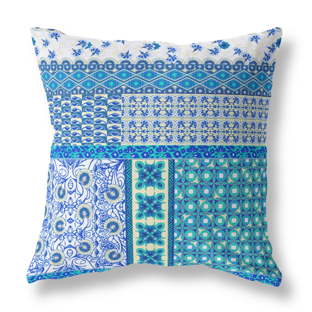 16" X 16" Blue And White Zippered Patchwork Indoor Outdoor Throw Pillow Cover & Insert