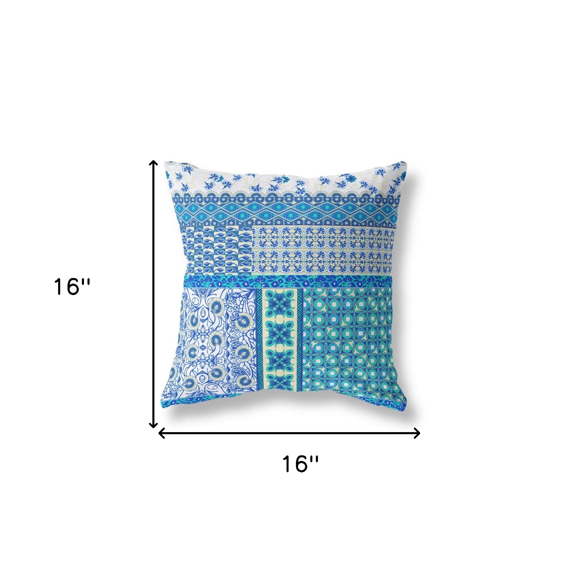 16" X 16" Blue And White Zippered Patchwork Indoor Outdoor Throw Pillow Cover & Insert