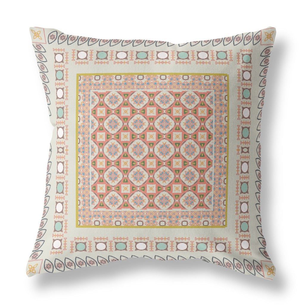 16" X 16" Off White And Orange Broadcloth Floral Throw Pillow