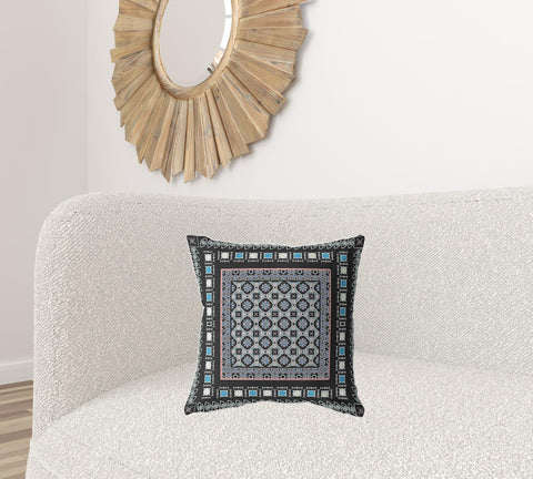 18" X 18" Black And Blue Broadcloth Floral Throw Pillow