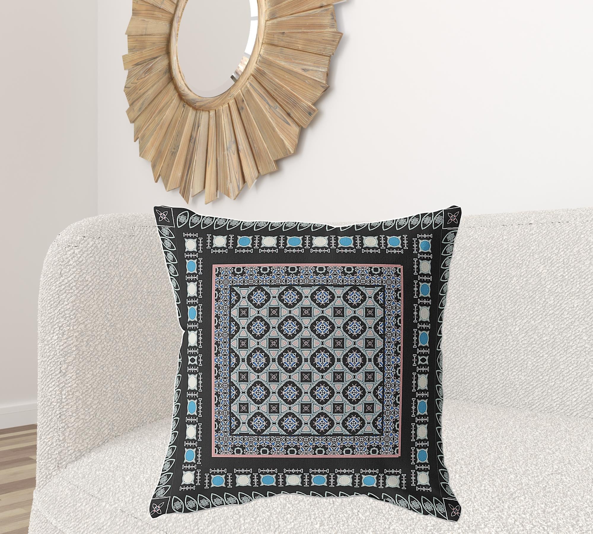 18" X 18" Black And Blue Broadcloth Floral Throw Pillow