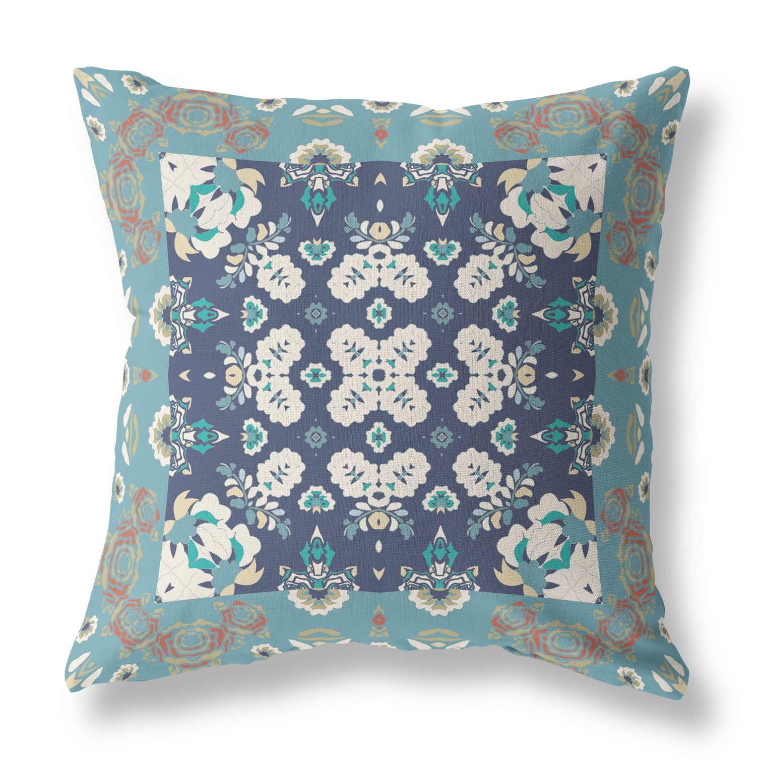 16" X 16" Gray And Blue Broadcloth Floral Throw Pillow