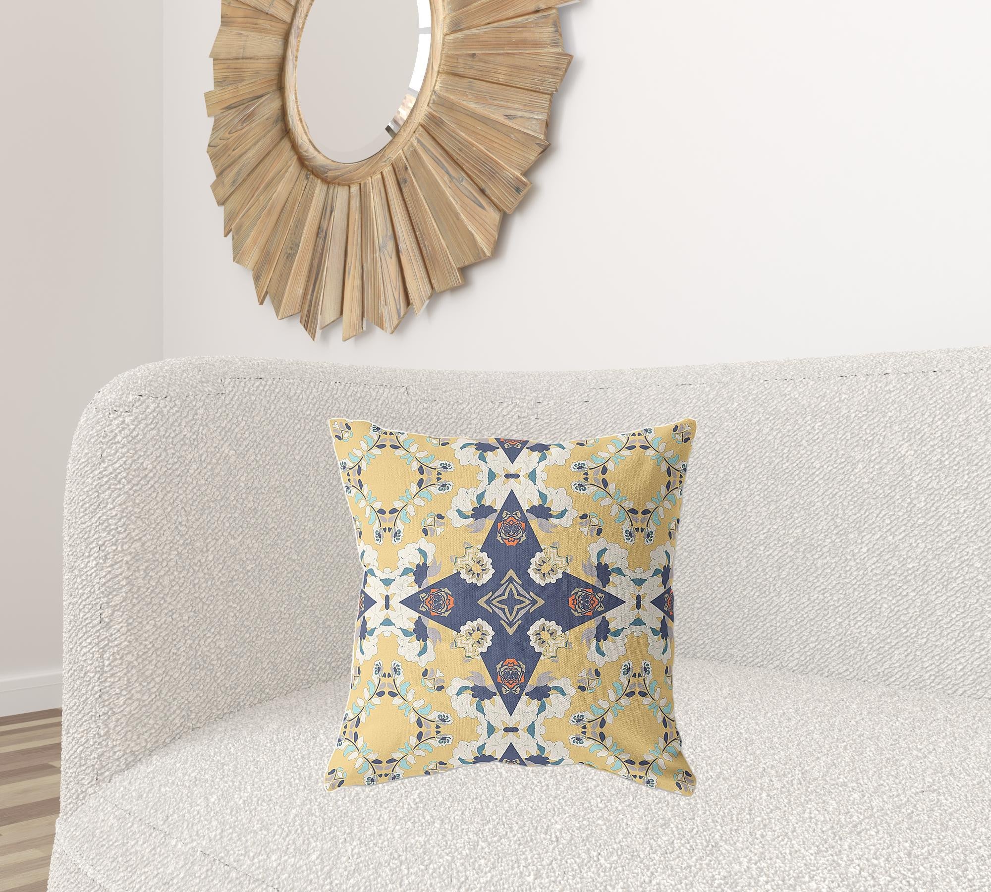 20" X 20" Yellow And Blue Broadcloth Floral Throw Pillow