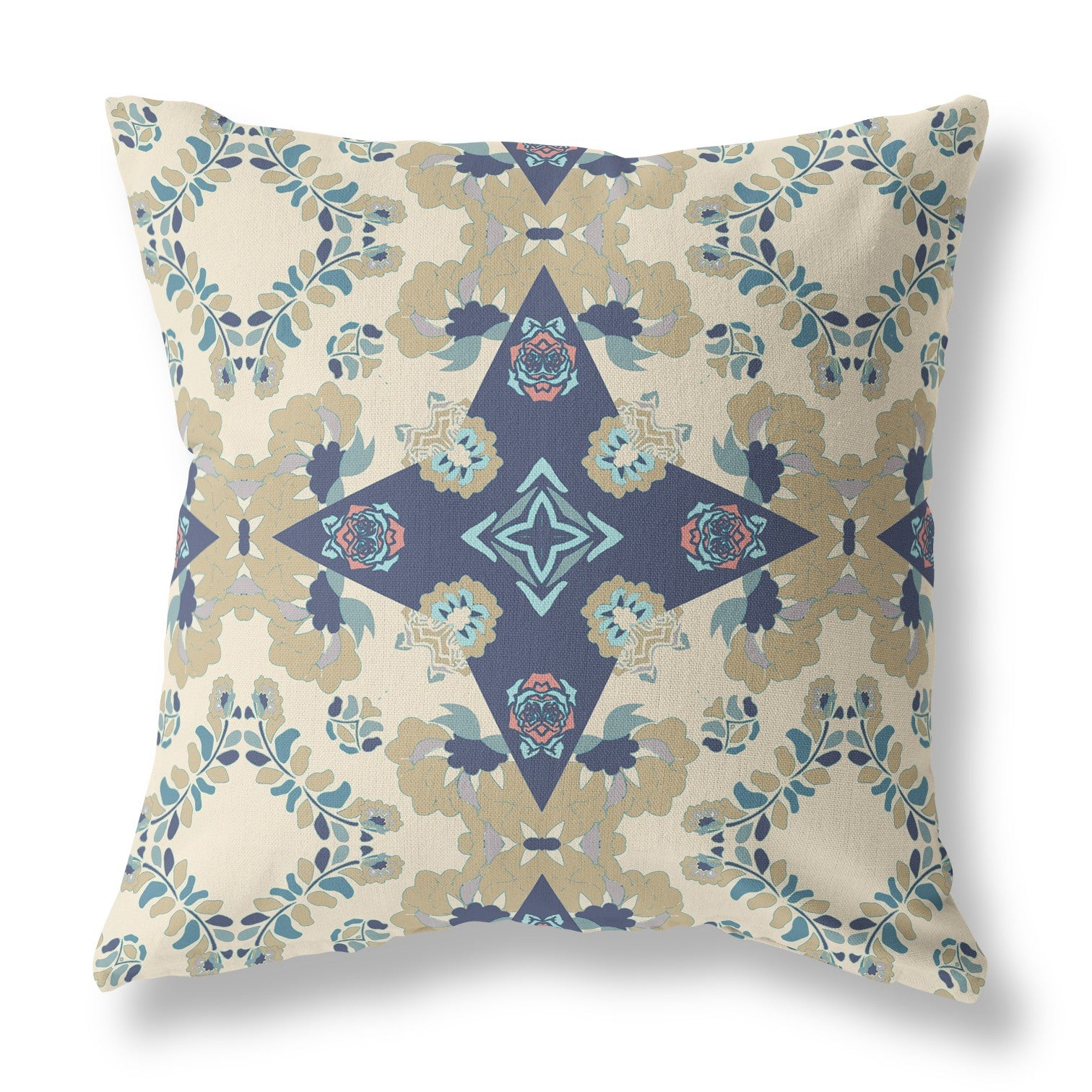 16" X 16" Cream And Blue Broadcloth Floral Throw Pillow