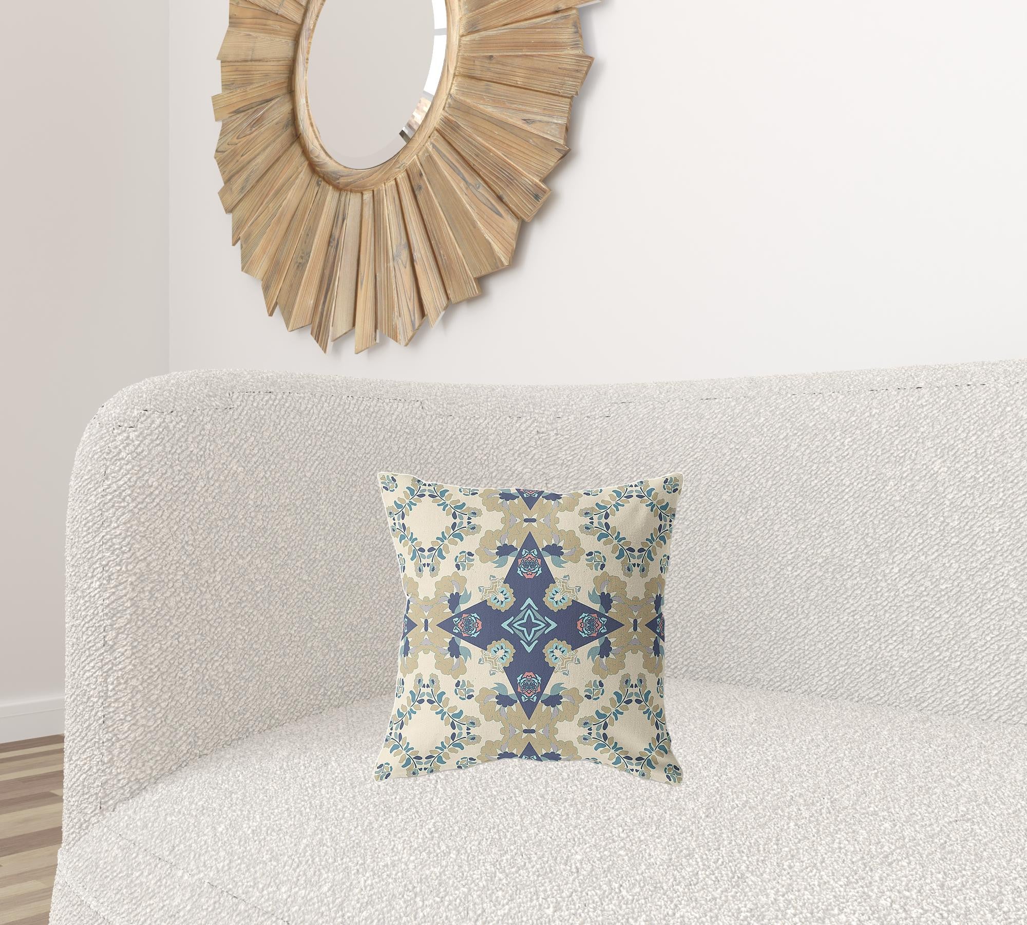 16" X 16" Cream And Blue Broadcloth Floral Throw Pillow