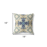 18" X 18" Cream And Blue Broadcloth Floral Throw Pillow