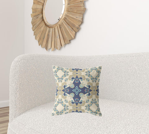 18" X 18" Cream And Blue Broadcloth Floral Throw Pillow