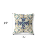 18" X 18" Cream And Blue Broadcloth Floral Throw Pillow