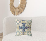 18" X 18" Cream And Blue Broadcloth Floral Throw Pillow