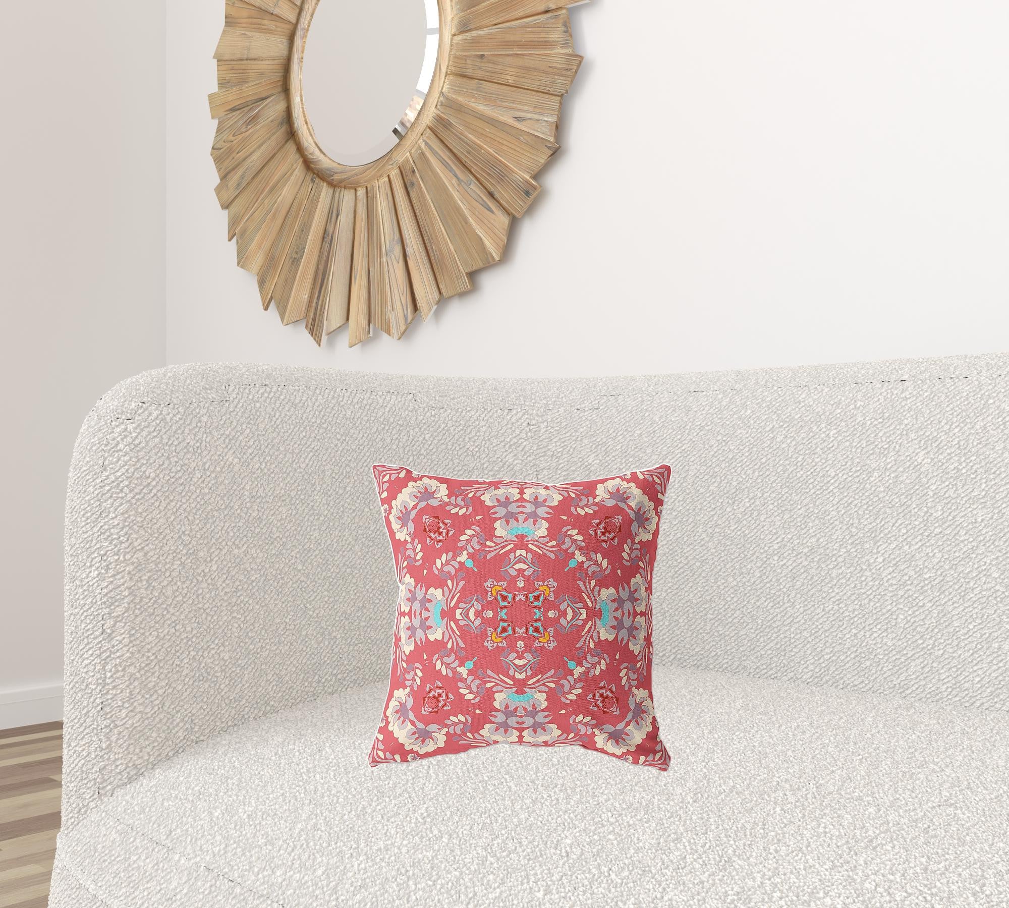 16" X 16" Red Broadcloth Floral Throw Pillow