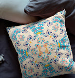 16" X 16" Off White And Blue Broadcloth Floral Throw Pillow