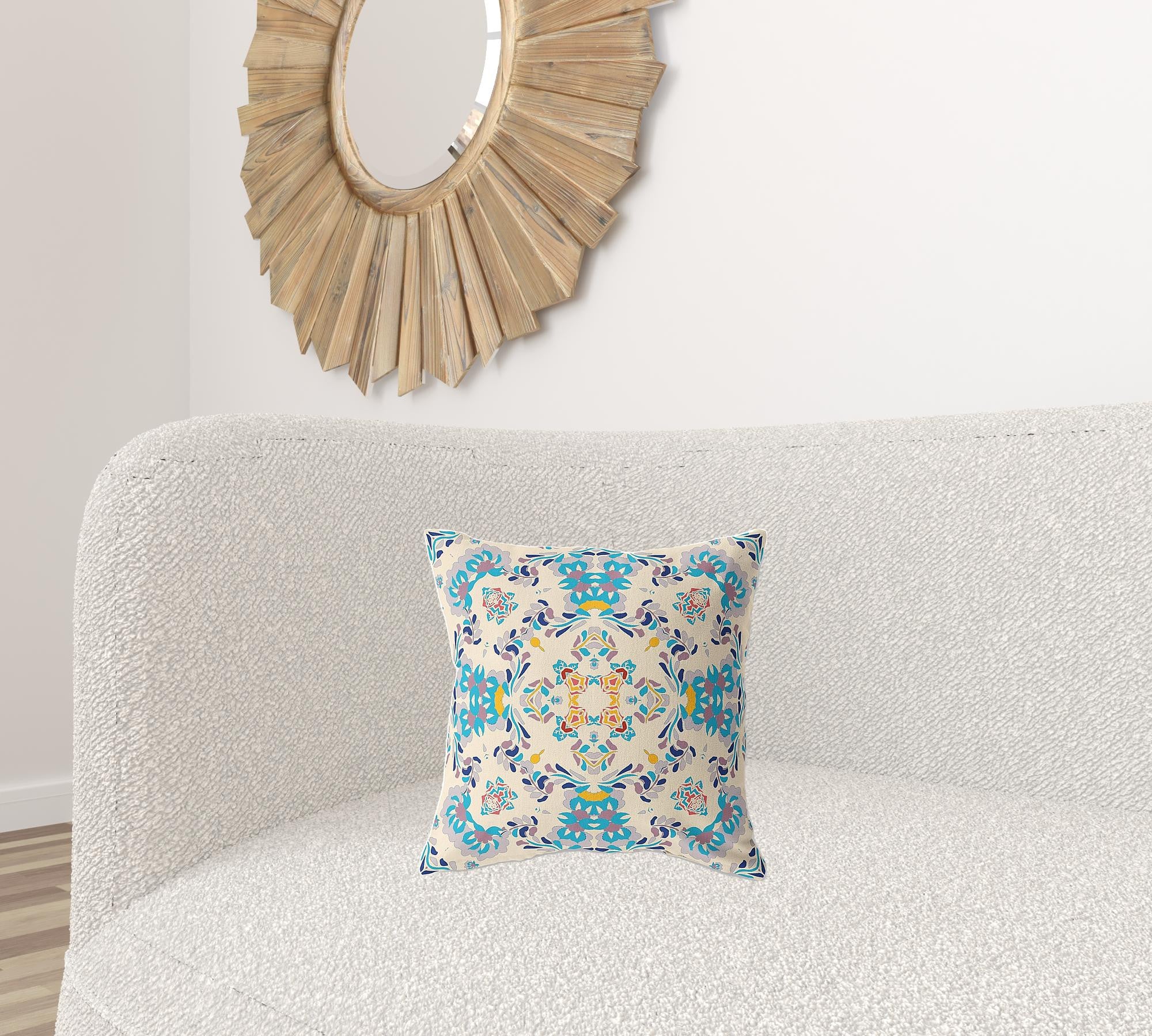 16" X 16" Off White And Blue Broadcloth Floral Throw Pillow