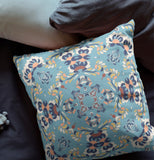 16" X 16" Gray And Blue Broadcloth Floral Throw Pillow