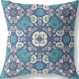 16" X 16" Blue And White Broadcloth Floral Throw Pillow