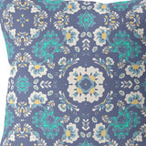 18" X 18" Blue And White Broadcloth Floral Throw Pillow