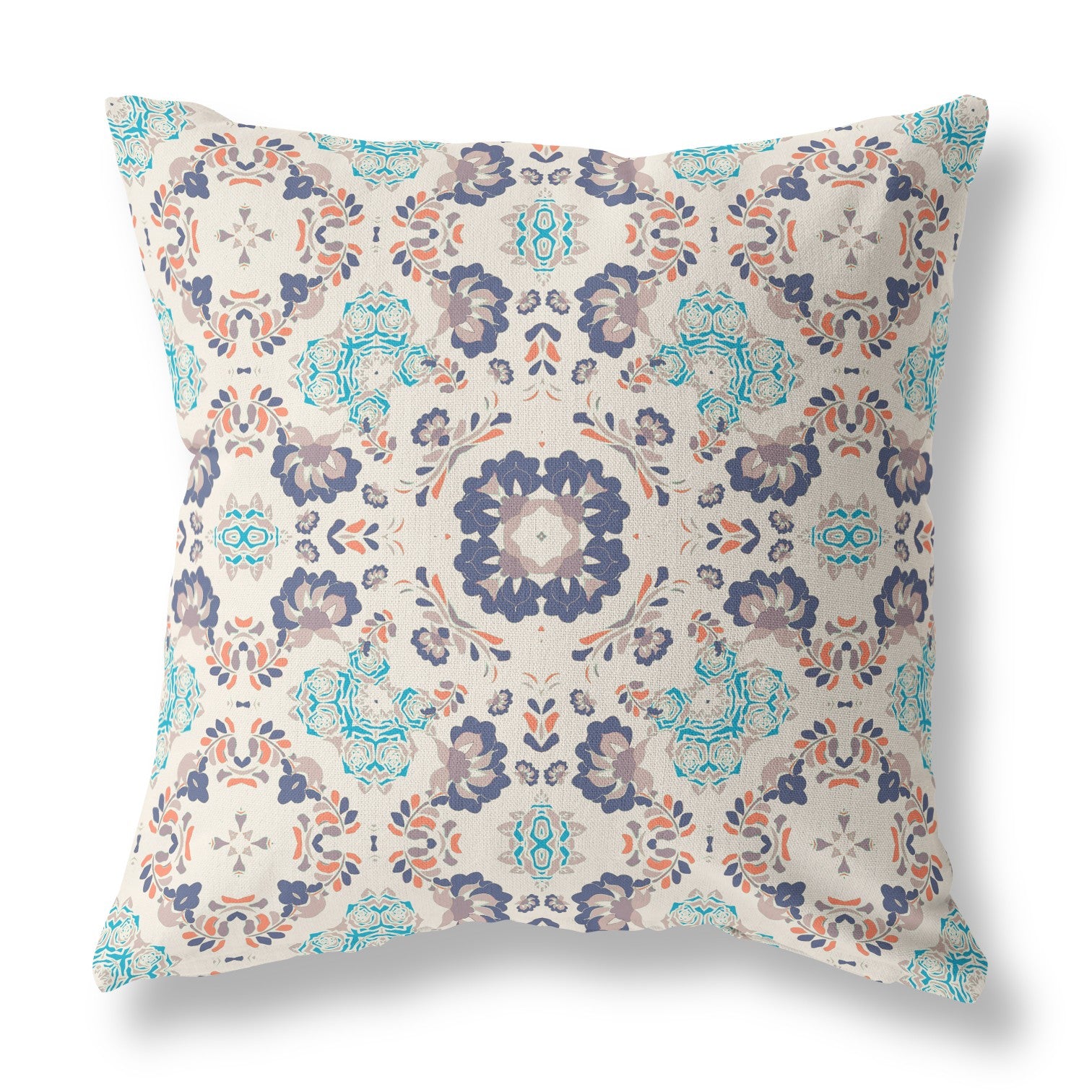 16" X 16" Off White And Blue Broadcloth Floral Throw Pillow