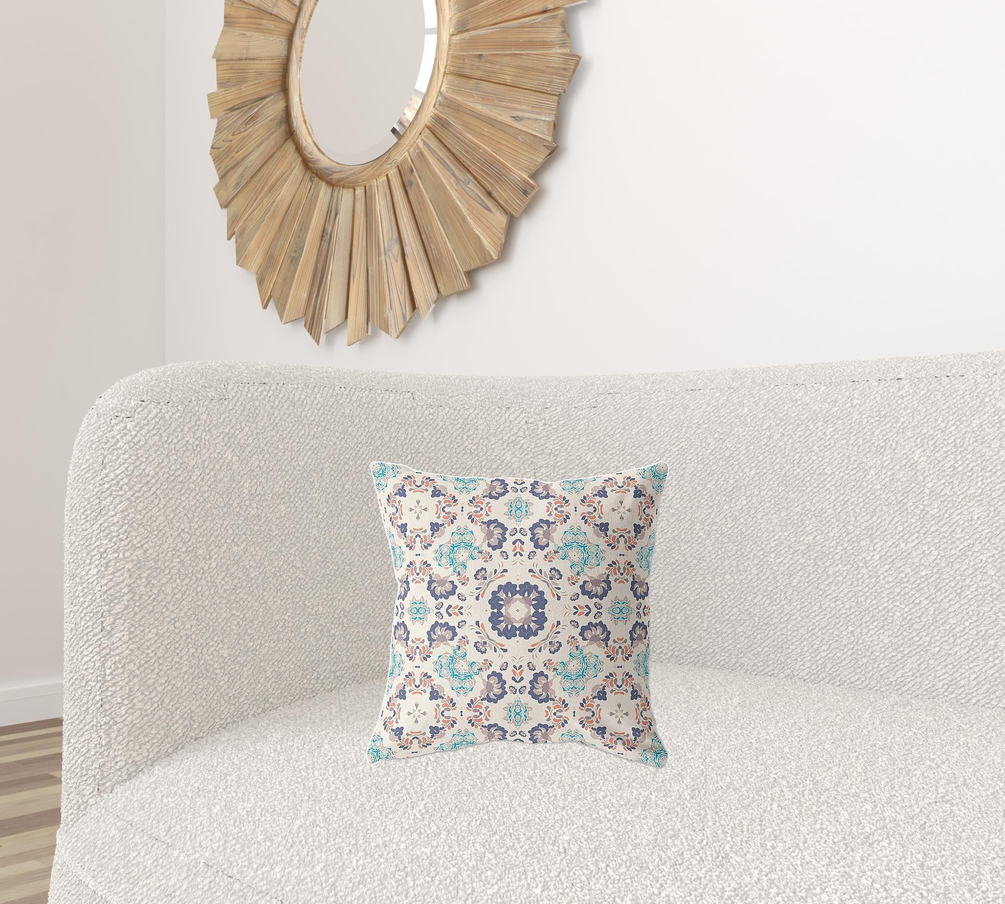 16" X 16" Off White And Blue Broadcloth Floral Throw Pillow