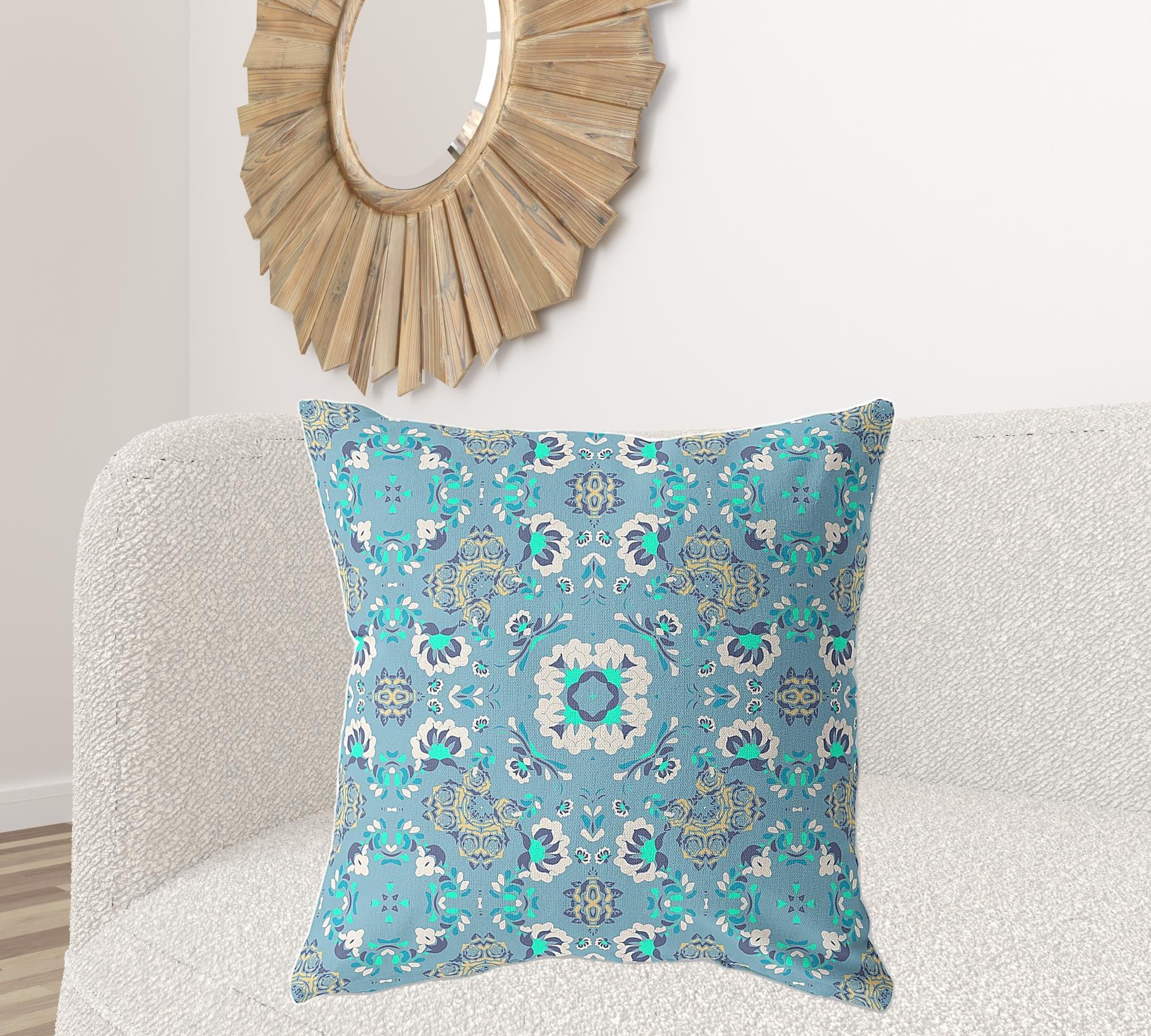 18" X 18" Light Blue Broadcloth Floral Throw Pillow