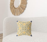 18" X 18" Yellow And Blue Broadcloth Floral Throw Pillow